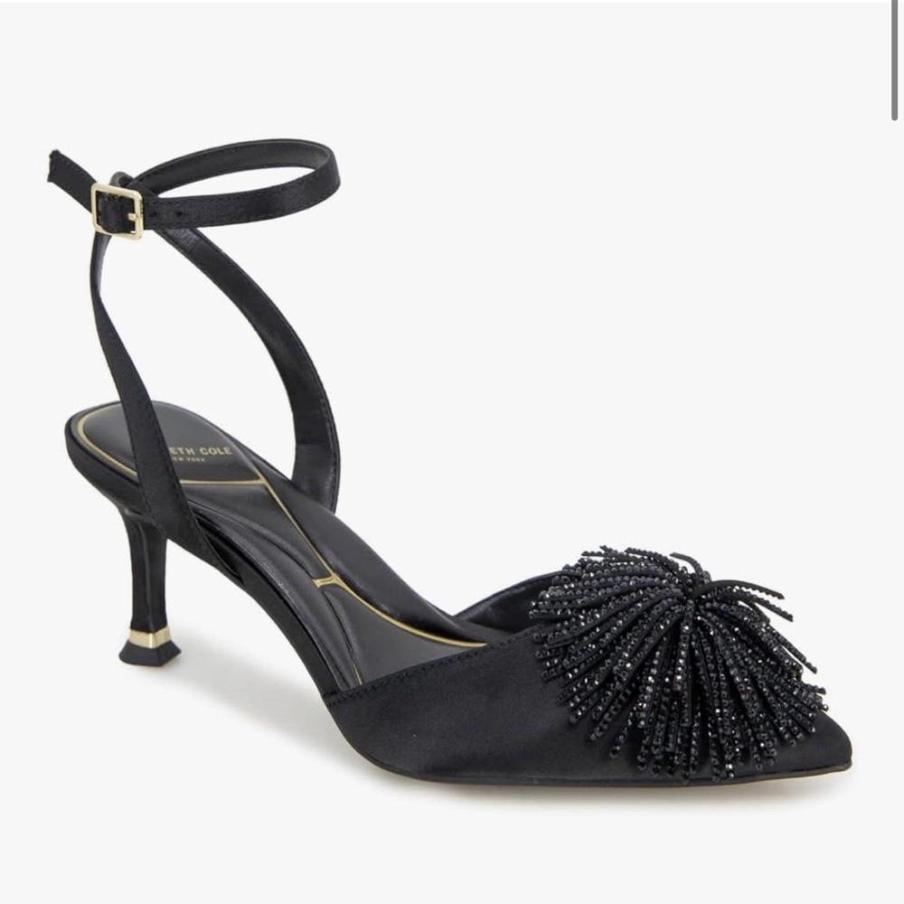 Kenneth Cole Umi Pom Pom Elegant Black Satin Beaded Women's Heels -NEW